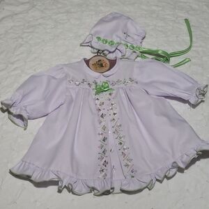 Vintage handmade baby dress with hat lilac